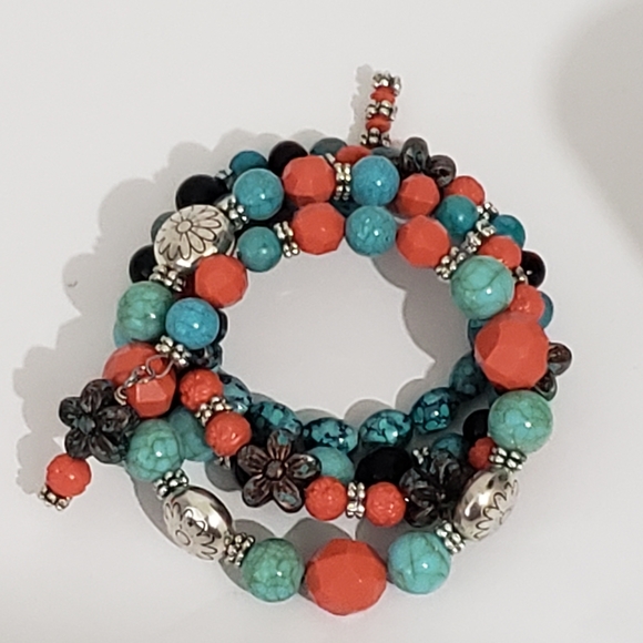 Desert Sunset Western Multi-Wrap Memory Wire Bracelet in Teal, Coral, and Onyx - Picture 8 of 9